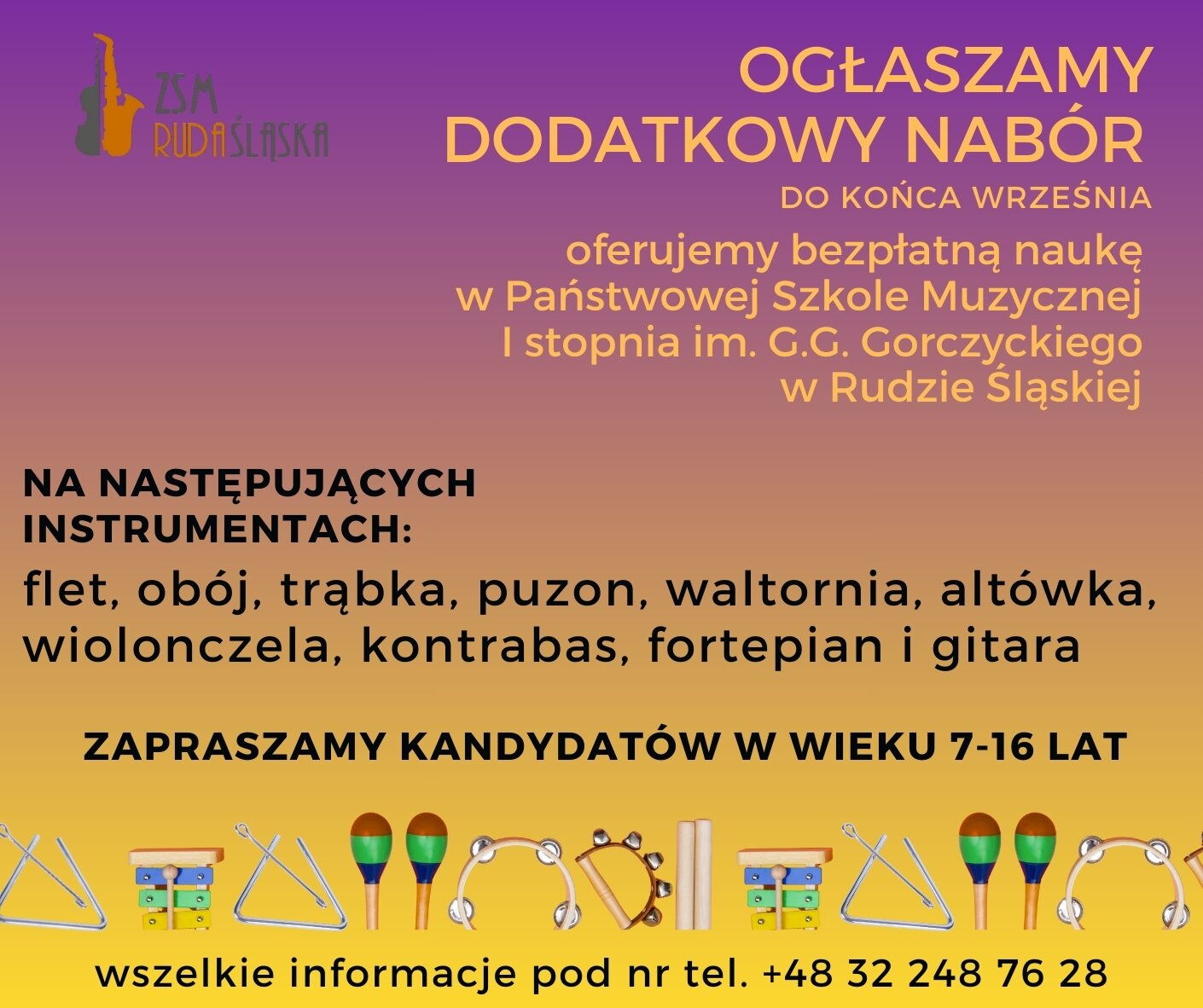 plakat z informacja o dodatkowym naborze do szkoły muzycznej, rysunki instrumentów i informacje