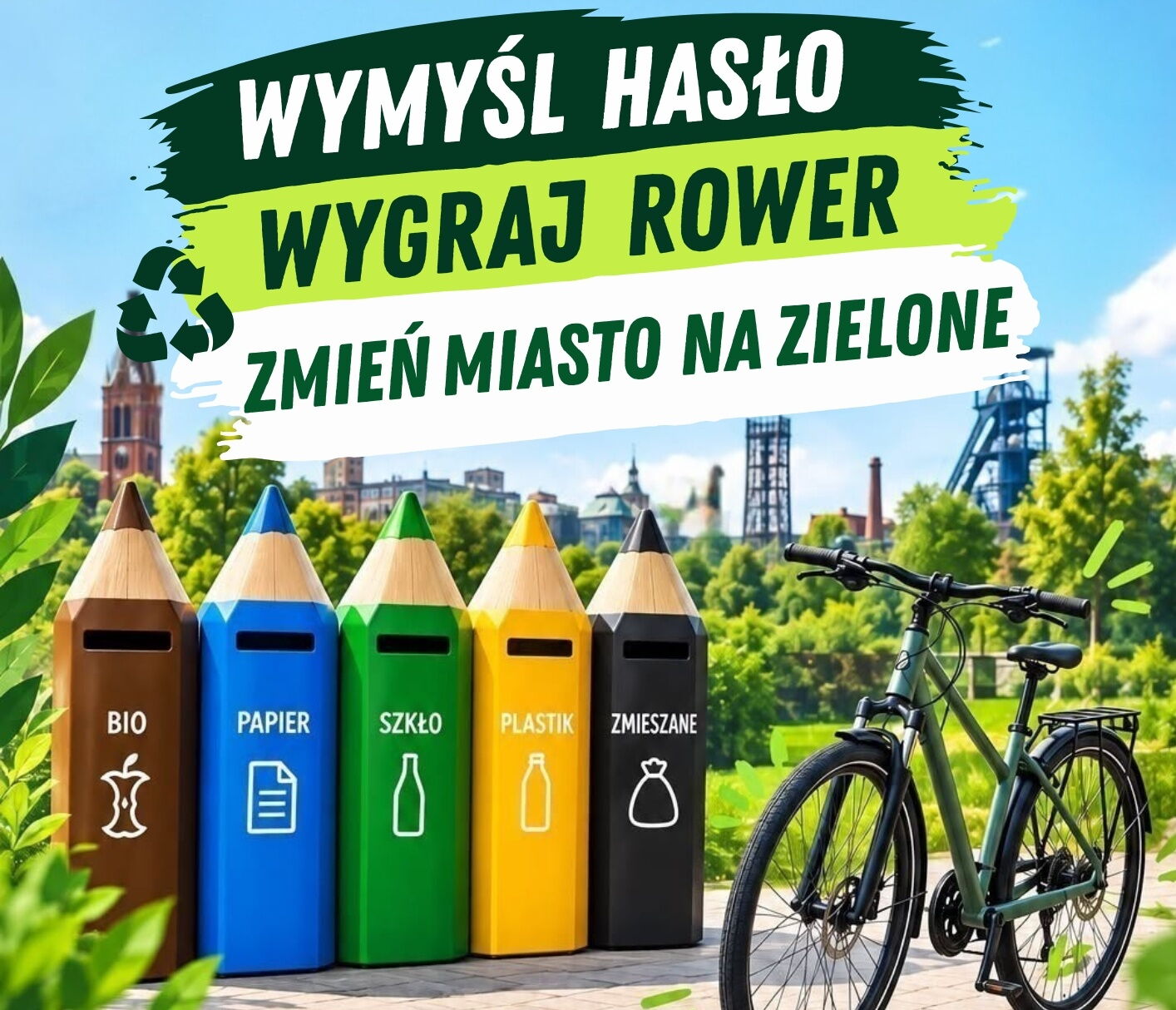 Plakat zachęcający do udziału w konkursie. Kolorowe śmietniki w kształcie kredek i rower.