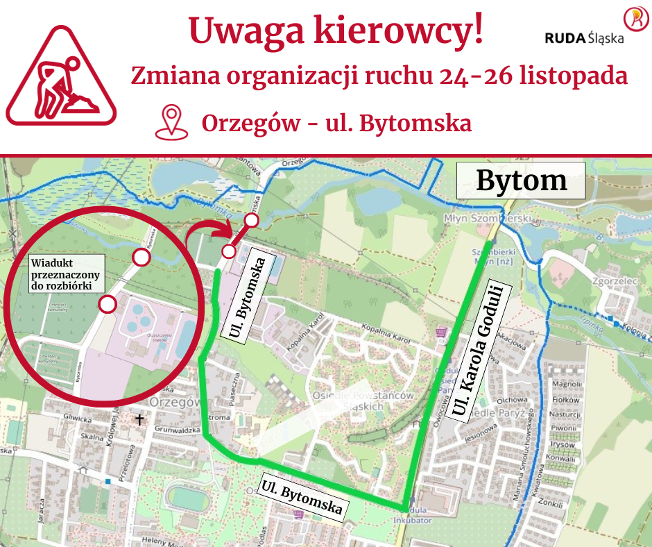 Mapa, na której zaznaczony jest objazd na ulicy Bytomskiej.