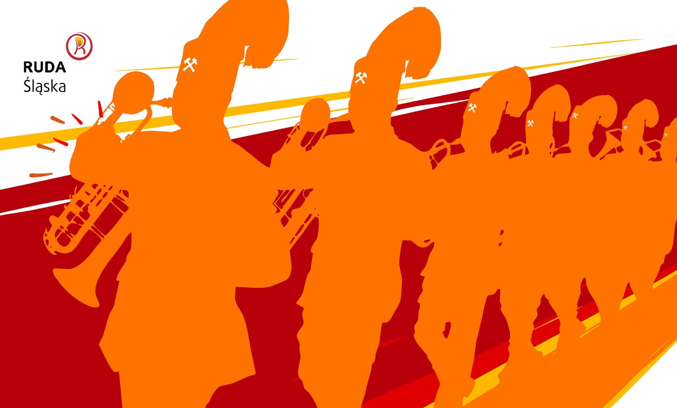 Grafika przedstawiająca rząd postaci, w rękach trzymają trąbki, na głowach mają górnicze czaka.