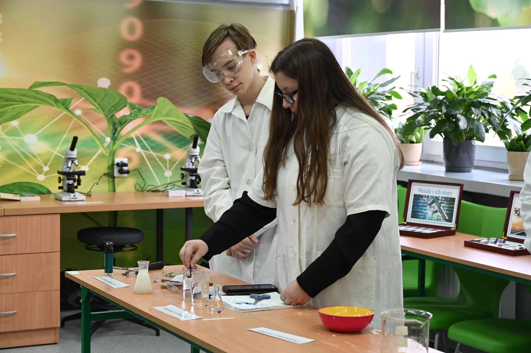 Dziewczyna i chłopak w białych fartuchach i okularach ochronnych stoją przy biurku w klasie. W tle mikroskopy, rośliny zielone.