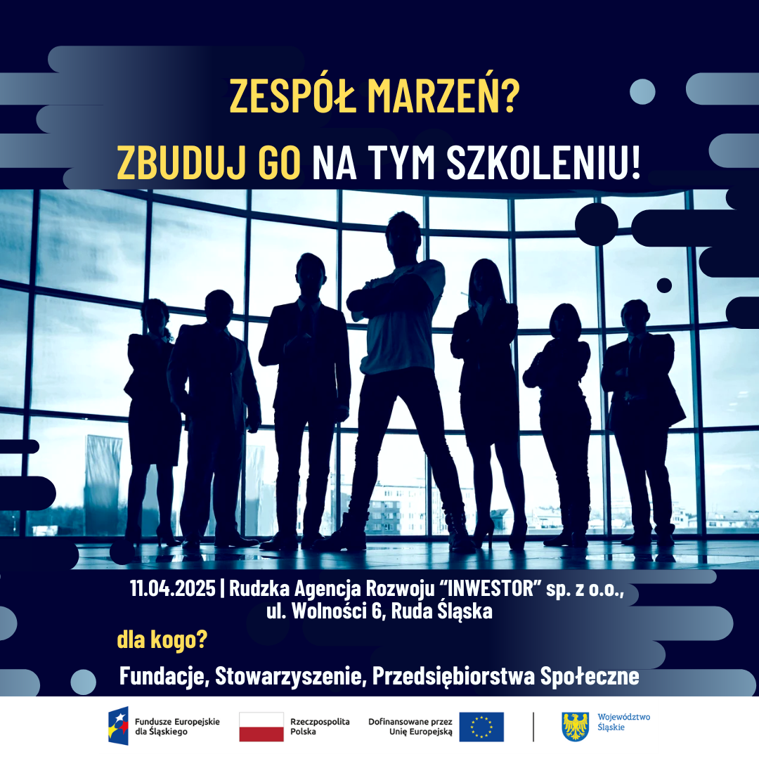 Plakat zachęcający do udziału w szkoleniu - zespół marzeń. Cienie stojącej grupy ludzi.