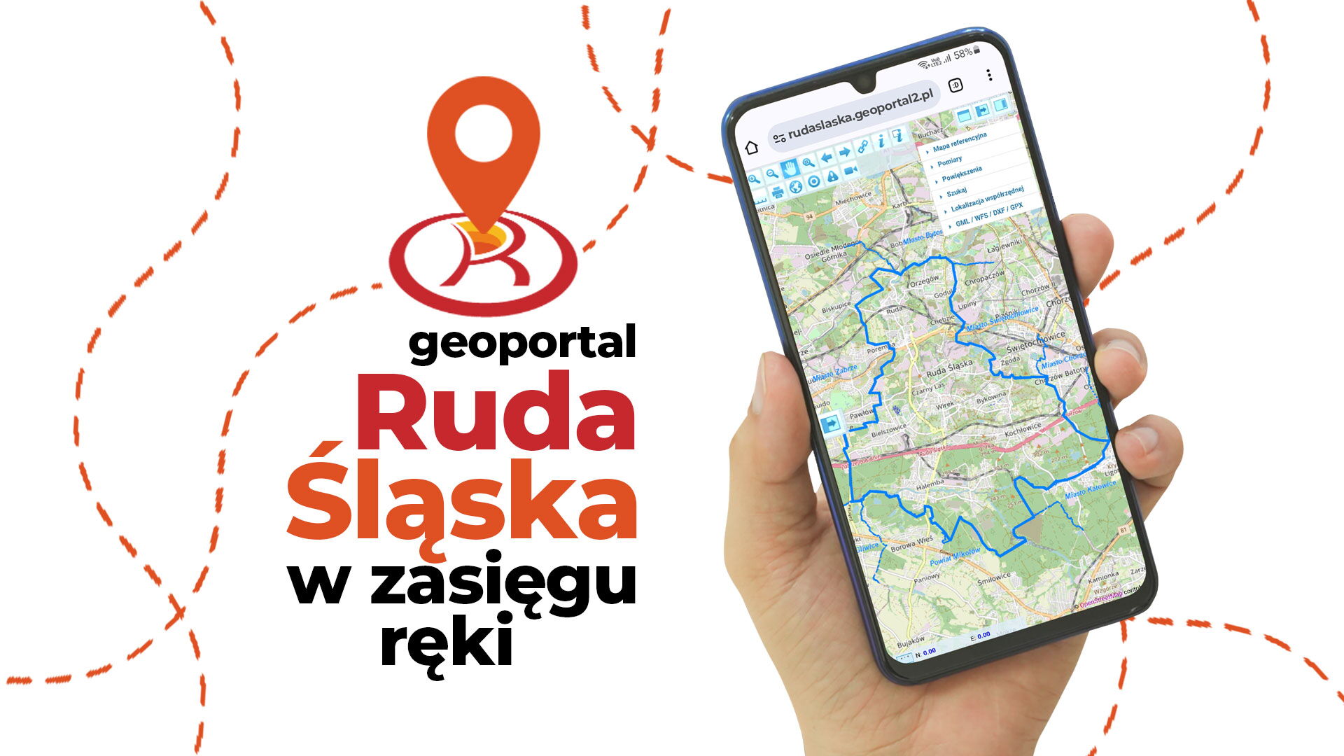 Znacznik nad logo Rudy Śląskiej. Tekst "Geoportal. Ruda Śląska w zasięgu ręki". Dłoń trzymająca smartfon z wyświetloną mapą.