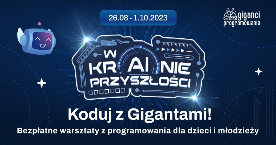 Plakat akcji Koduj z Gigantami. Po lewej stronie głowa robota. W środkowej części napisy ułożone na kształcie konsoli.
