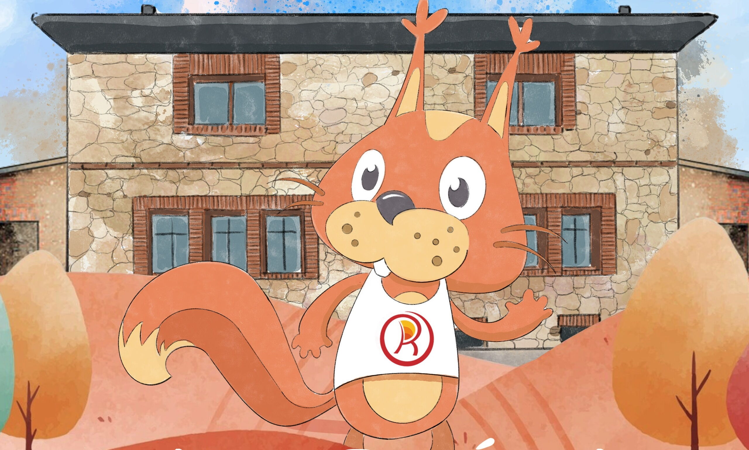 Grafika przedstawiająca wiewiórkę na tle budynku.