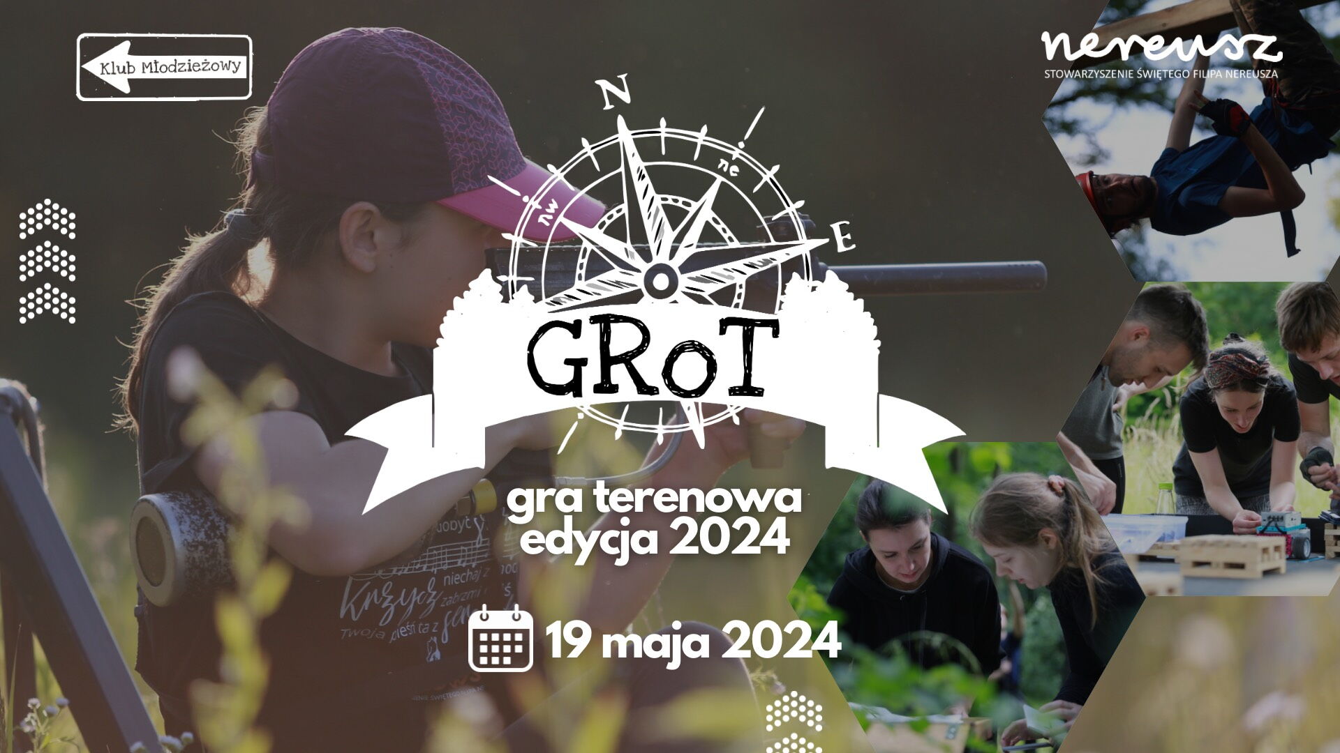 Zapowiedź gry Grot. Napisy, w tle grupa dzieci pochylonych nad stołem, dziewczyna strzela z broni.