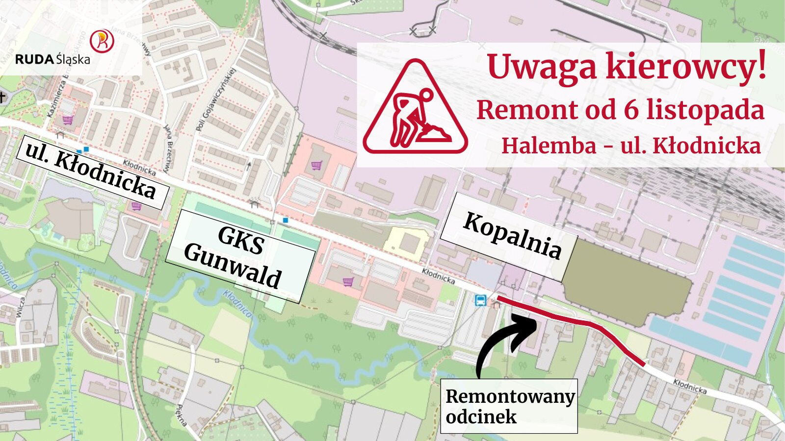 Mapa z zaznaczonym odcinkiem ul. Kłodnickiej, na którym trwają prace.