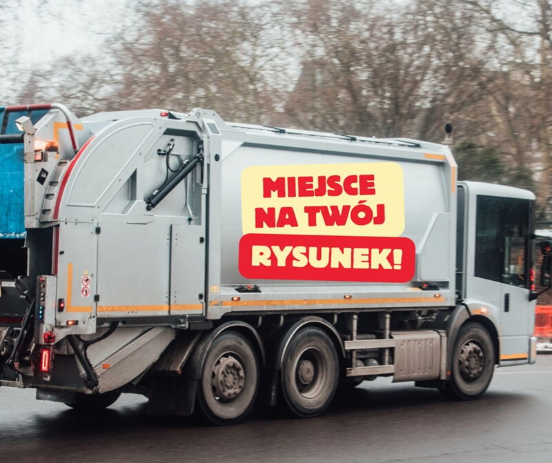 Śmieciarka na na niej okienko z napisem miejsce na twój rysunek.