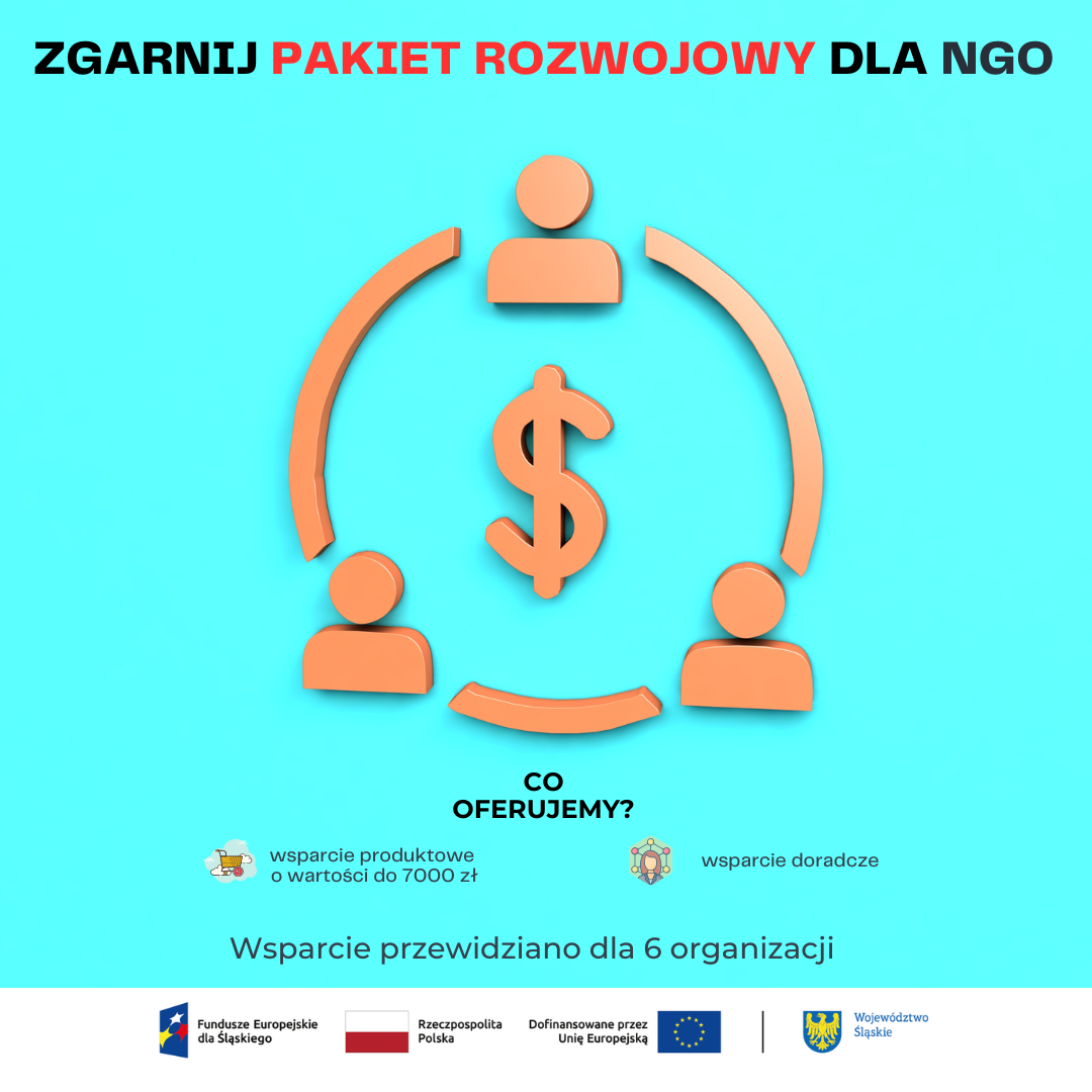 Plakat zachęcający do ubiegania się o wsparcie finansowe. Ikona dolara oraz trzech osób ustawionych wokół niego.