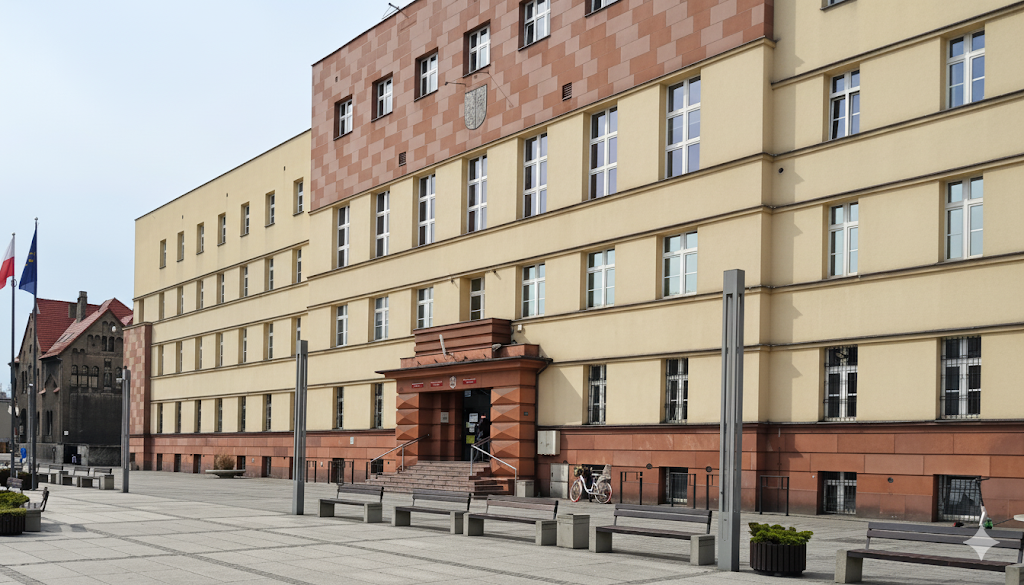 Kremowo-brązowy budynek, przed nim plac z ławkami i flagami na masztach.