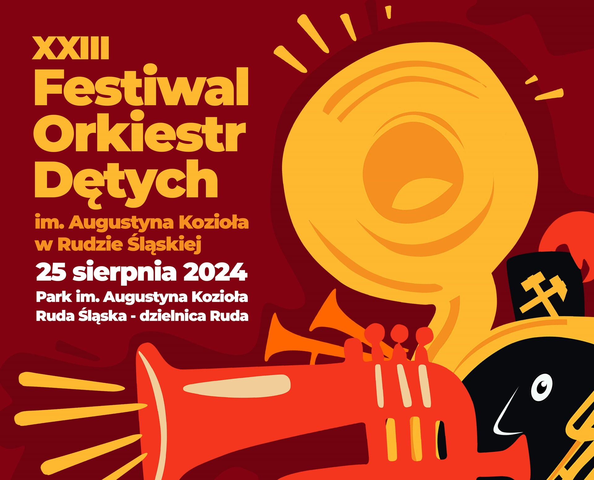 Grafika przedstawiająca trąbkę i czako z informacją o XXIII Festiwalu Orkiestr Dętych im. Augustyna Kozioła w Rudzie Śląskiej, 25 sierpnia 2024