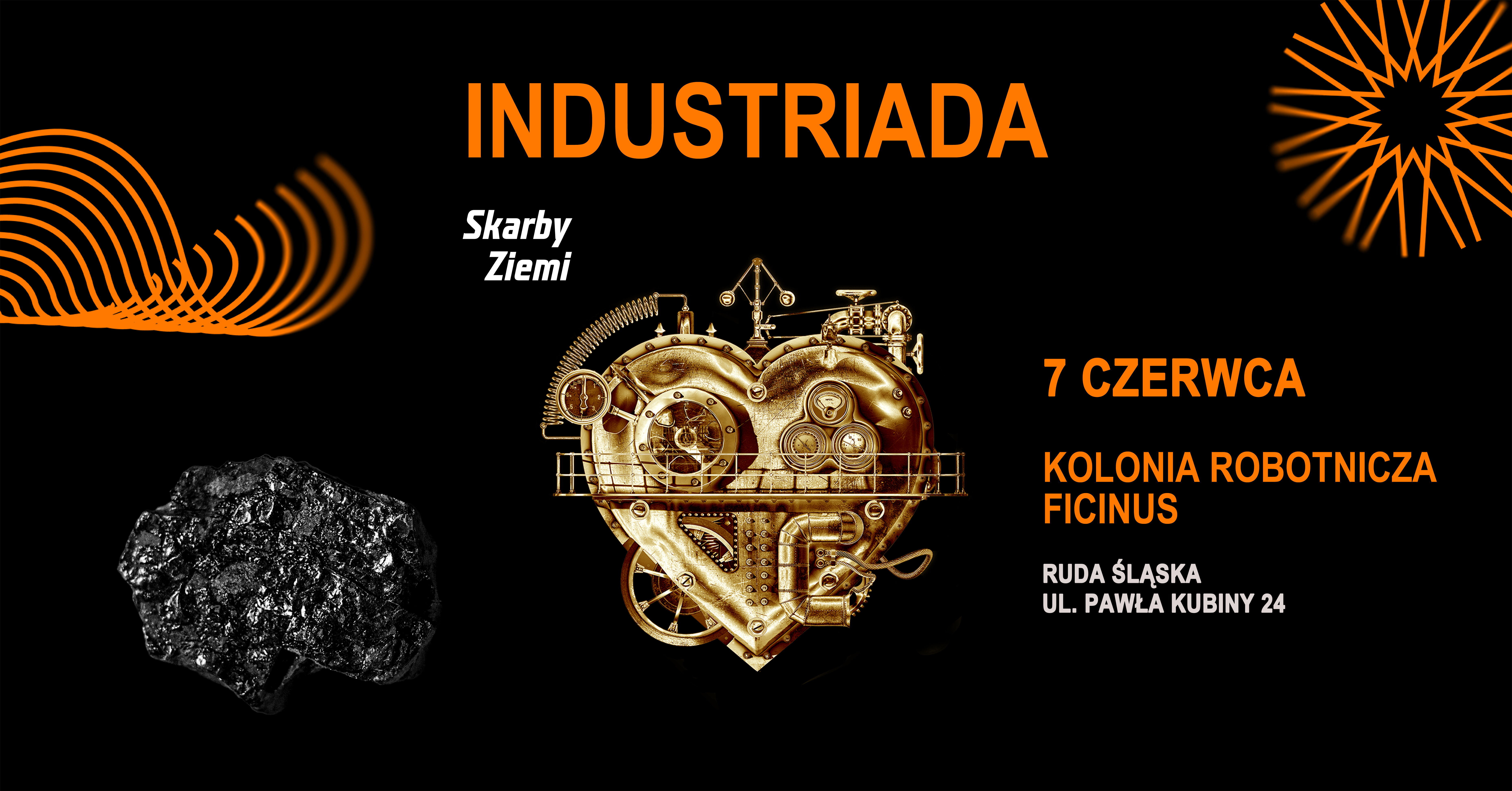 plakat zapowiadający  Industriadę, na czarnym tle złote industrialne serce i tekst w kolorze pomarańczowym