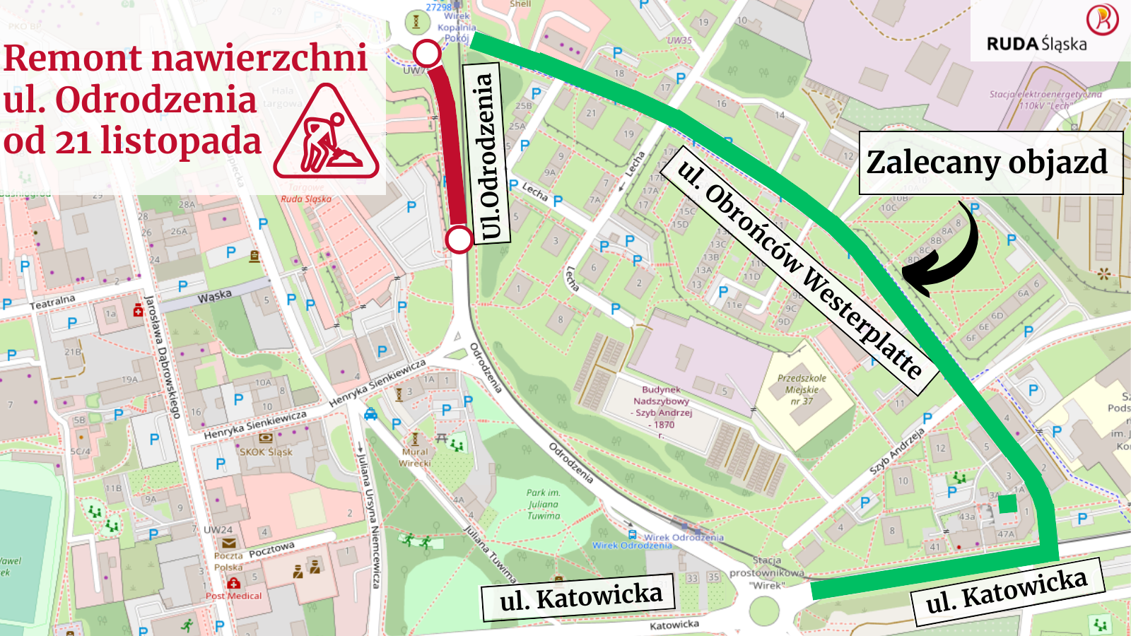 Mapa z zaznaczonymi zmianami w ruchu w czasie remontu ulicy Odrodzenia.