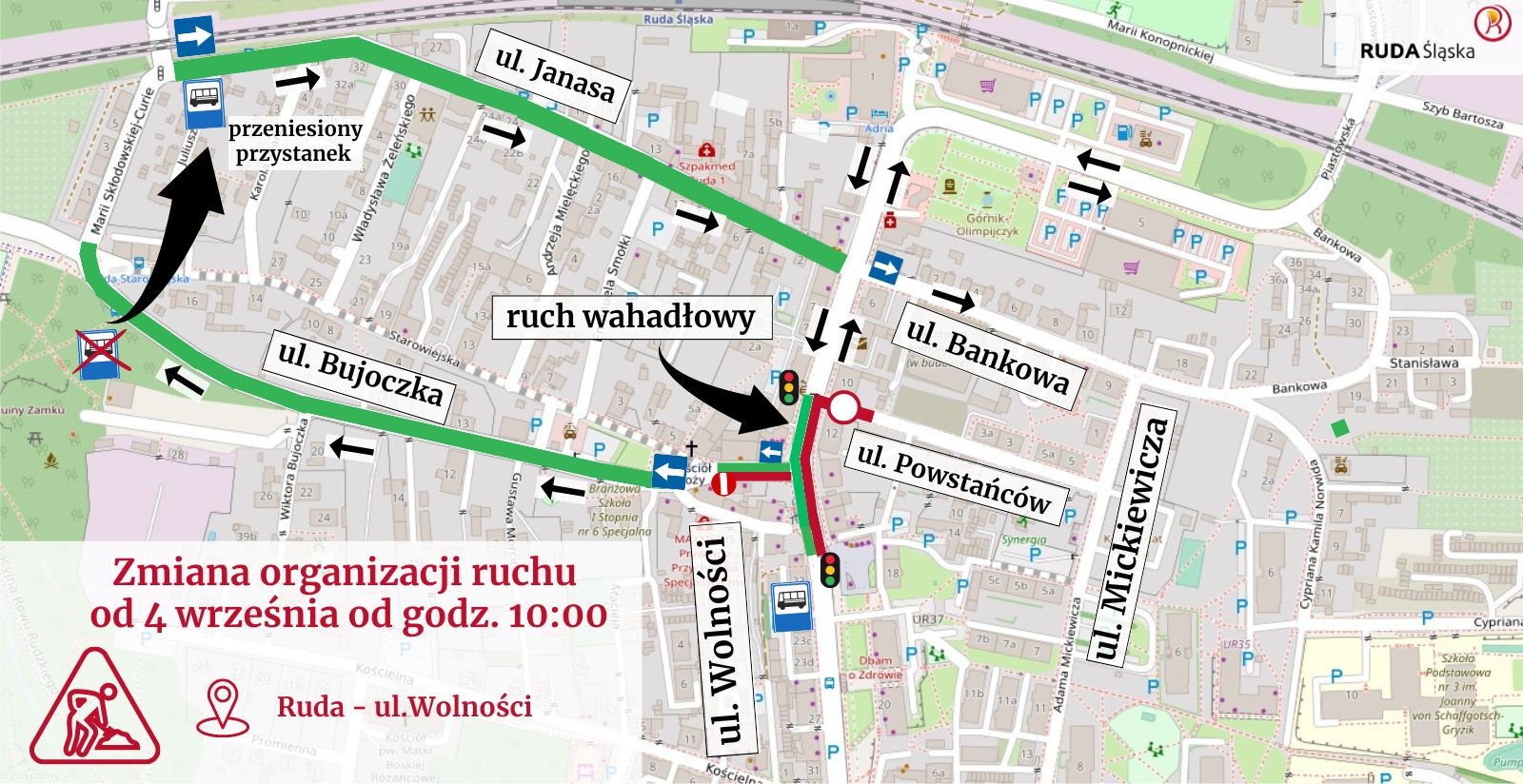 Schemat zmiany organizacji ruchu w rejonie ulicy Wolności, Bujoczka, Powstańców obowiązujący od 4 września 2023 roku.