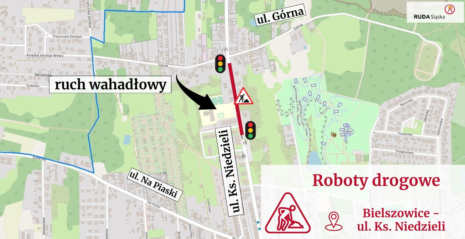 Schemat zmiany organizacji ruchu na ulicy Księdza Niedzieli w Bielszowicach.
