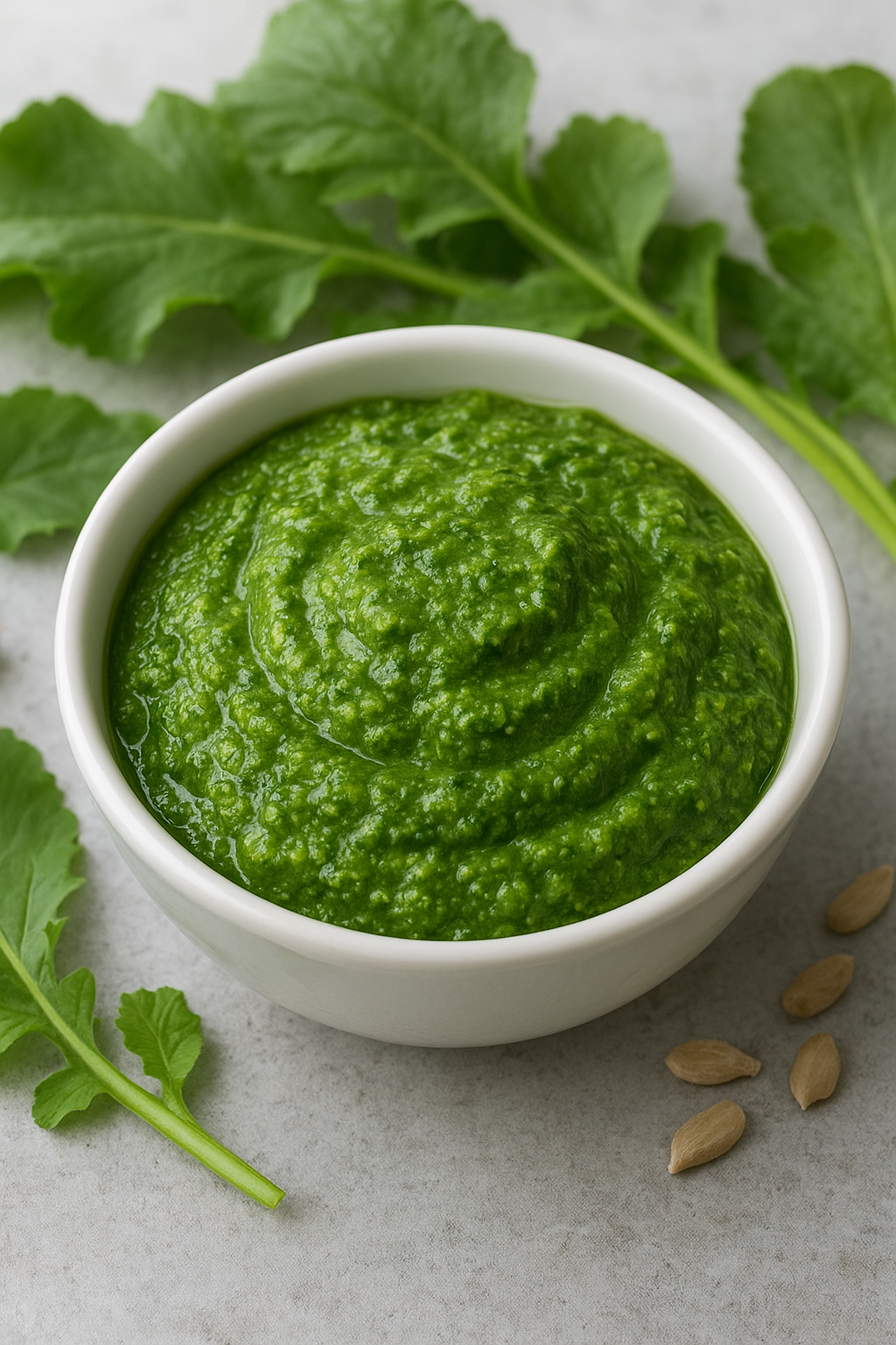 zielone pesto z liści rzodkiewek w białej miseczce