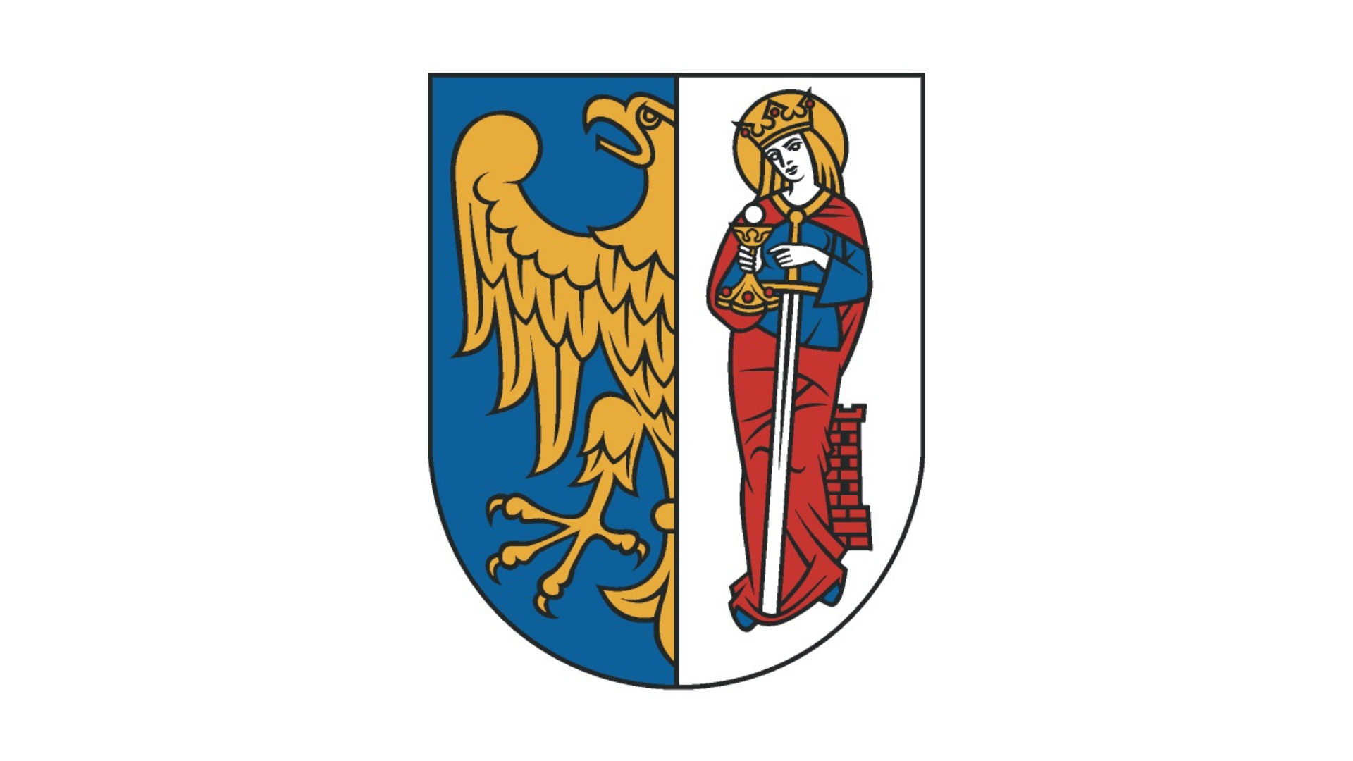 Herb Rudy Śląskiej: dwupolowa tarcza, w lewym błękitnym polu złote pół orła, w prawym wizerunek św. Barbary.