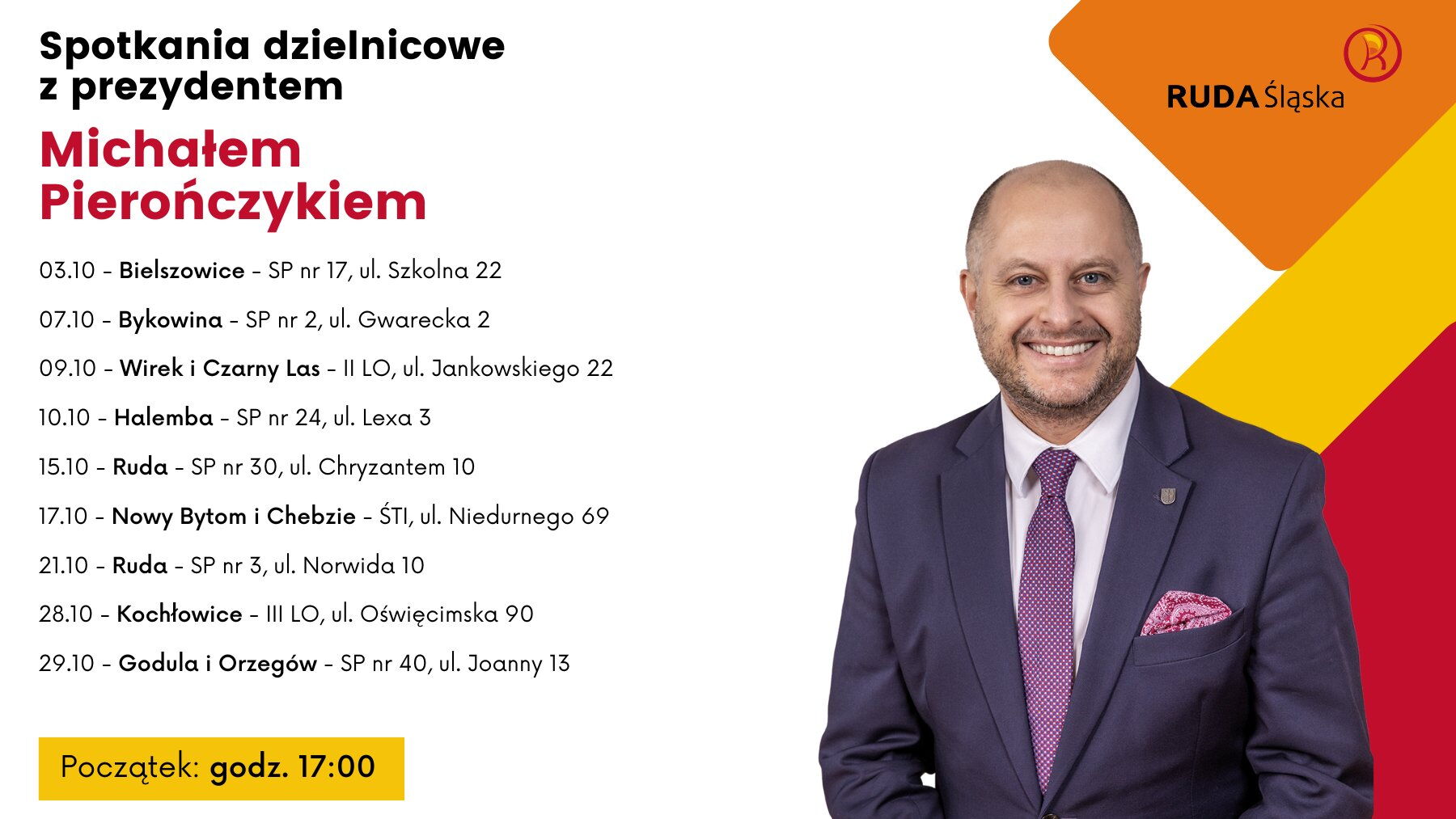 Harmonogram spotkań z prezydentem Michałem Pierończykiem, zdjęcie prezydenta, logo Rudy Śląskiej.