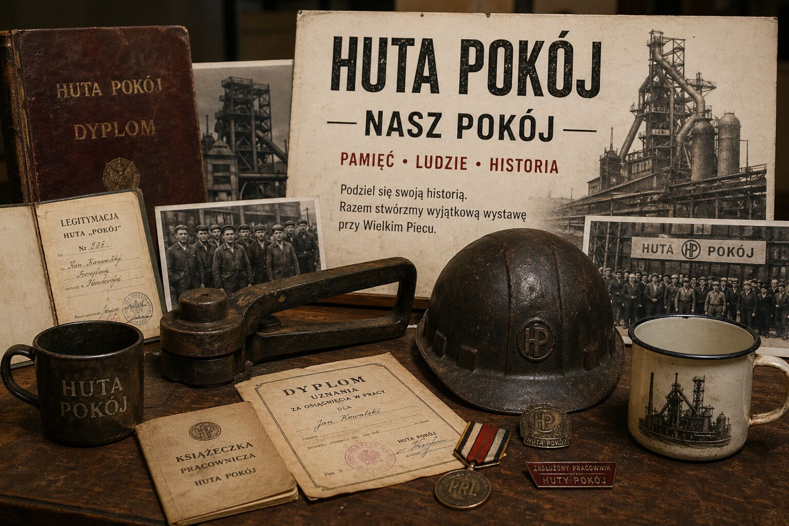 Grafika przedstawiająca pamiątki huty pokój: m.in. dyplom, książeczka pracownicza, kubki, kask.