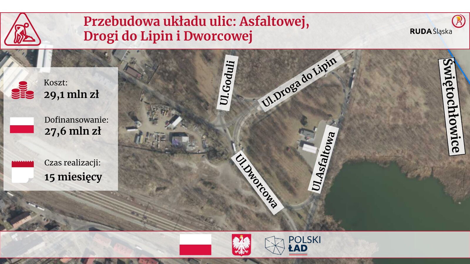 Zdjęcie lotnicze z informacjami o przebudowie układu ulic: Asfaltowej, Drogi do Lipin i Dworcowej.