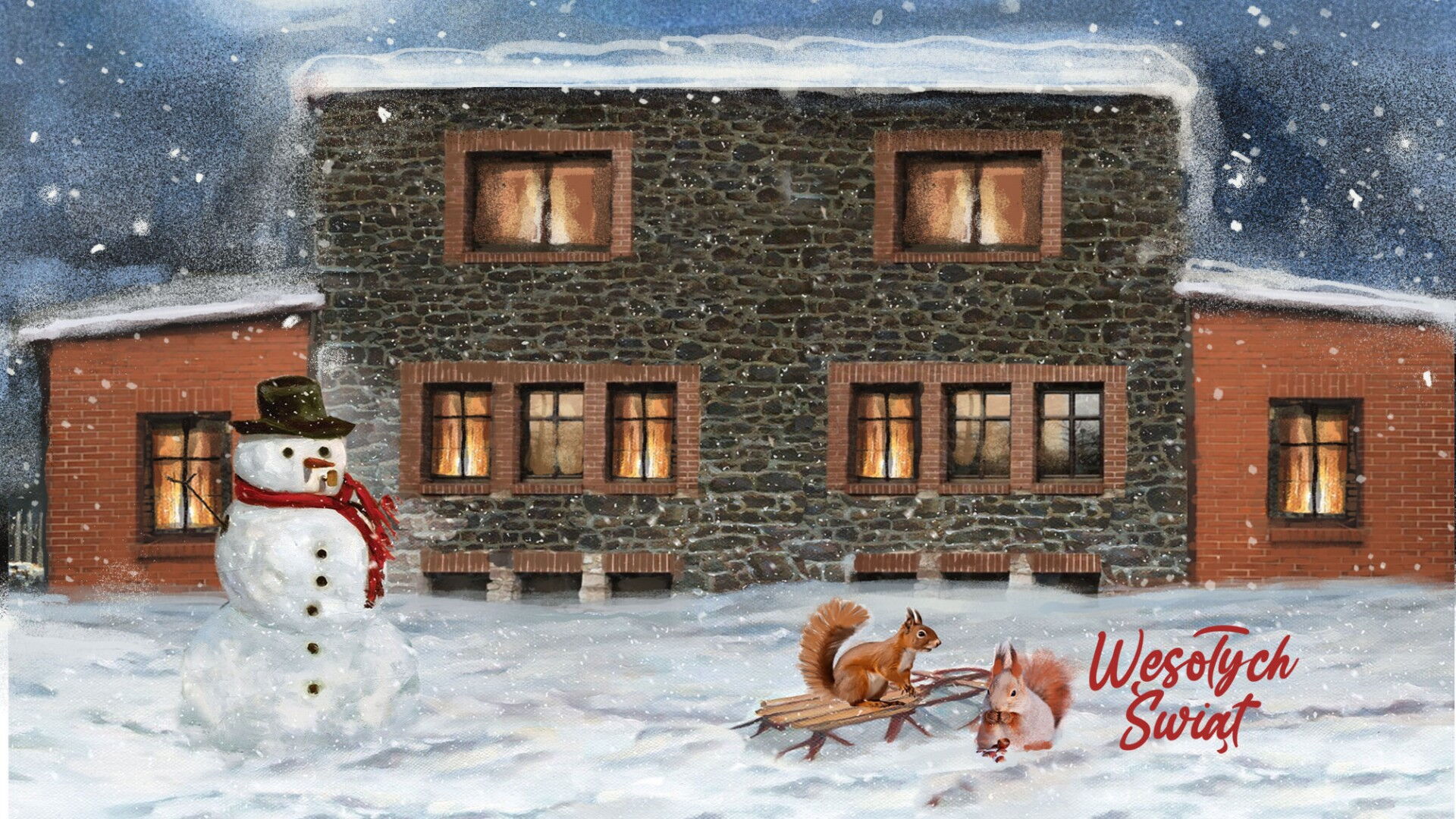 Kamienica, bałwan, sanki, wiewiórki, śnieg, napis "Wesołych Świąt".