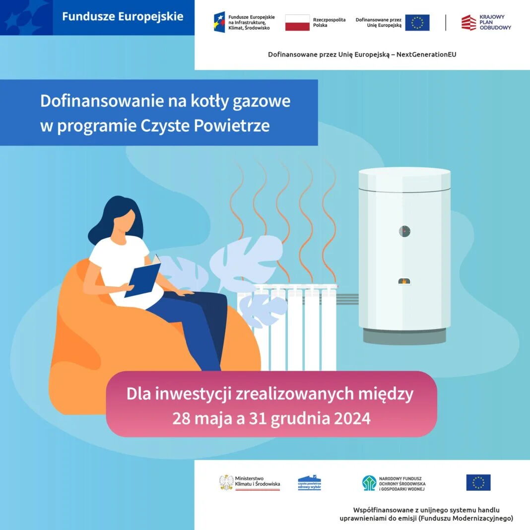 Grafika - dofinansowanie z programu czyste powietrze. Kobieta siedząca na fotelu obok grzejnika.