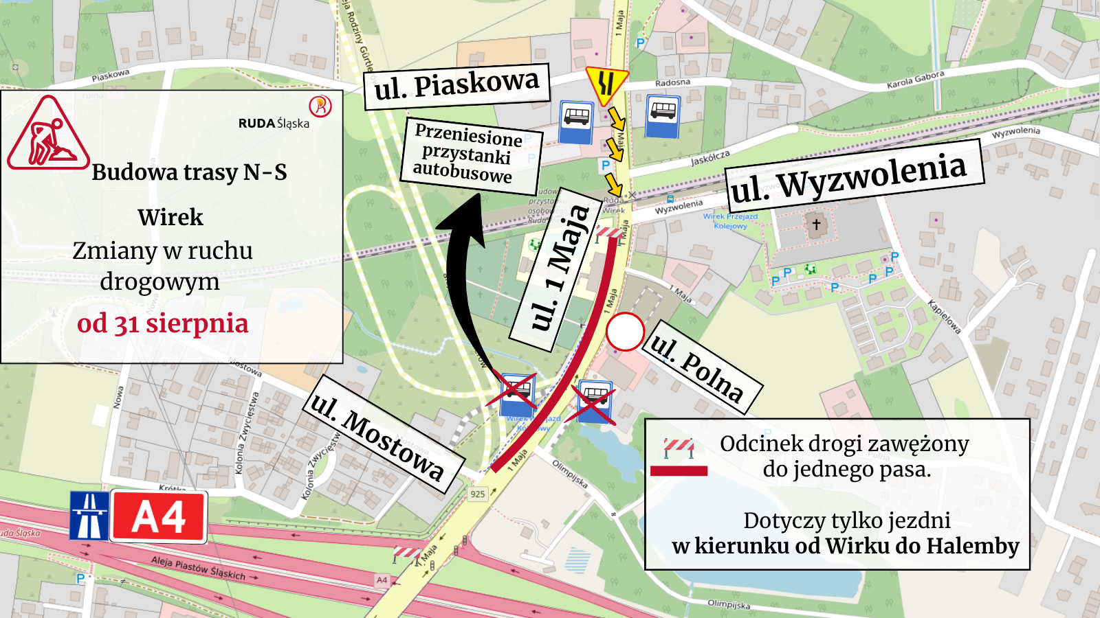 Grafika przedstawia zmiany na ul. 1 Maja