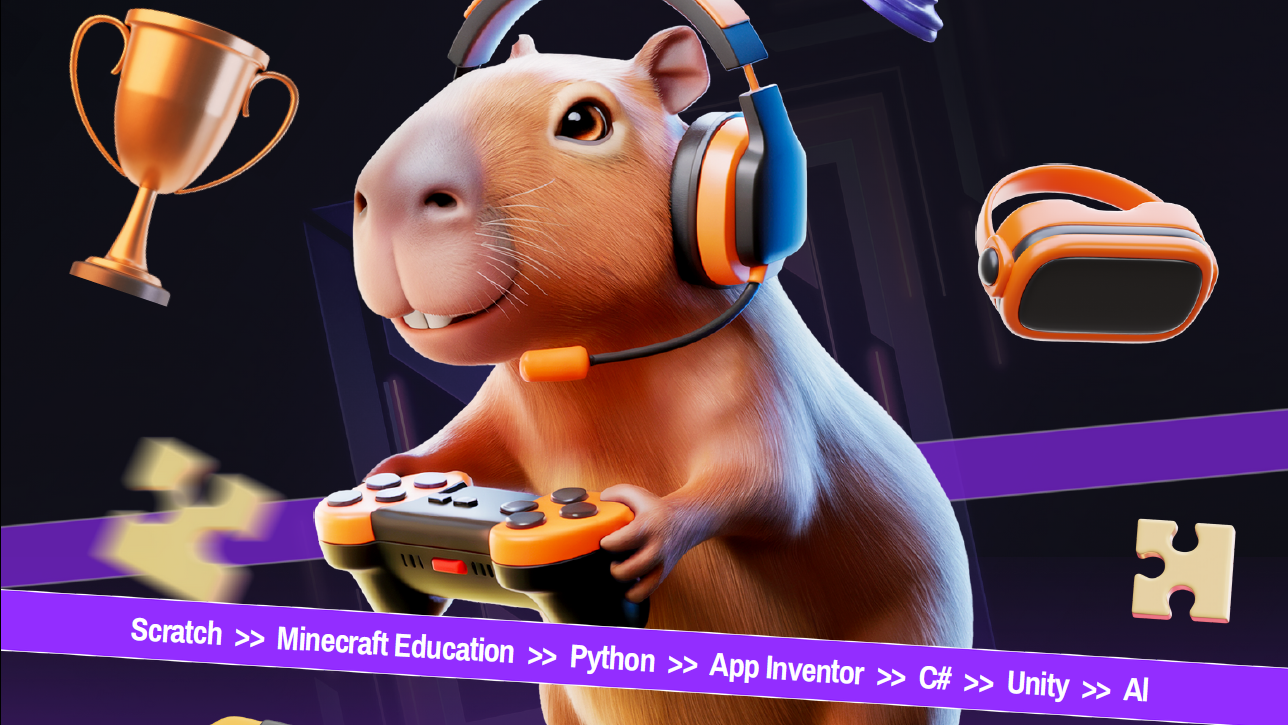 Kapibara w słuuchawkach trzyma gamepad. Pasek z napisem "Scratch, Minecraft Education, Python, App Inventor, C#, Unity, AI".