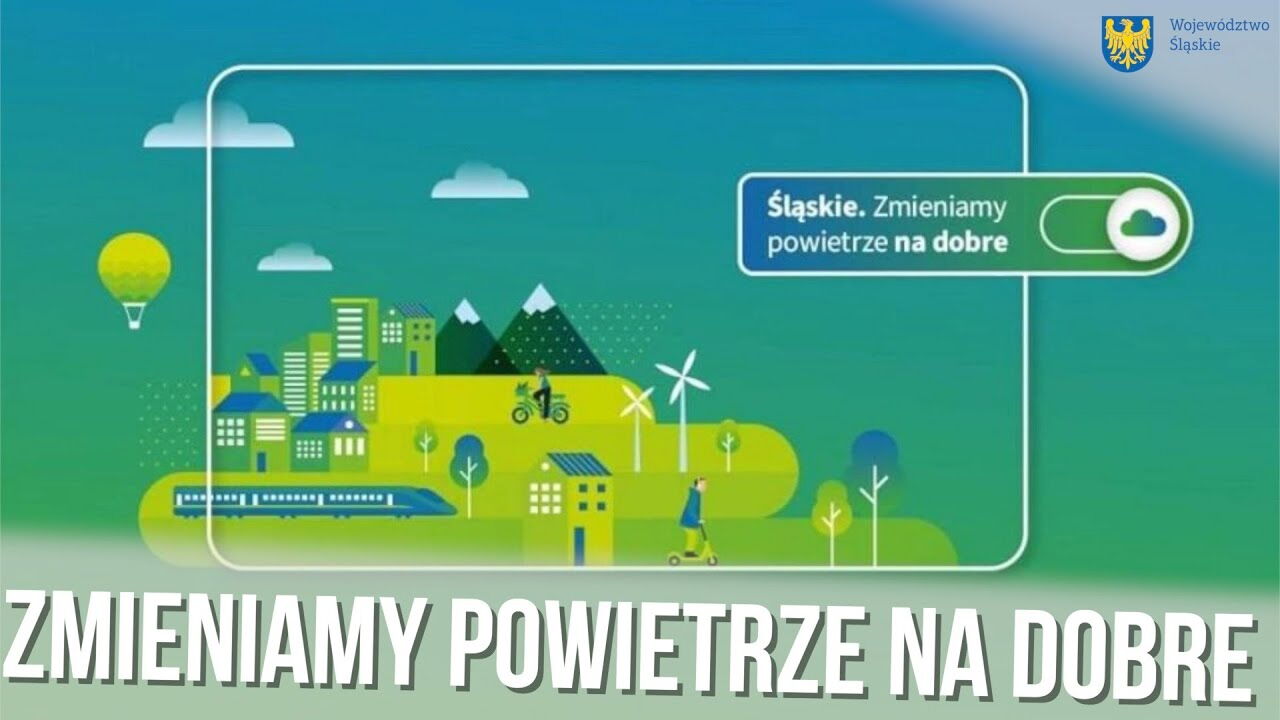 Gradika w zielomej tonacji przedstawiająca góry, drzewa, domy, pociąg, wiatraki, człowieka na rowerze i człowieka na hulajnodze. Tekst "Śląskie. Zmieniamy powietrze na dobre".