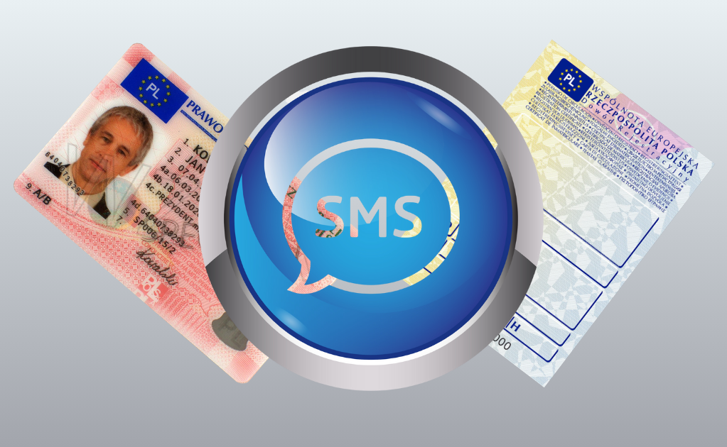 Wzór prawa jazdy, wzór dowodu rejestracyjnego, koło z napisem "SMS".