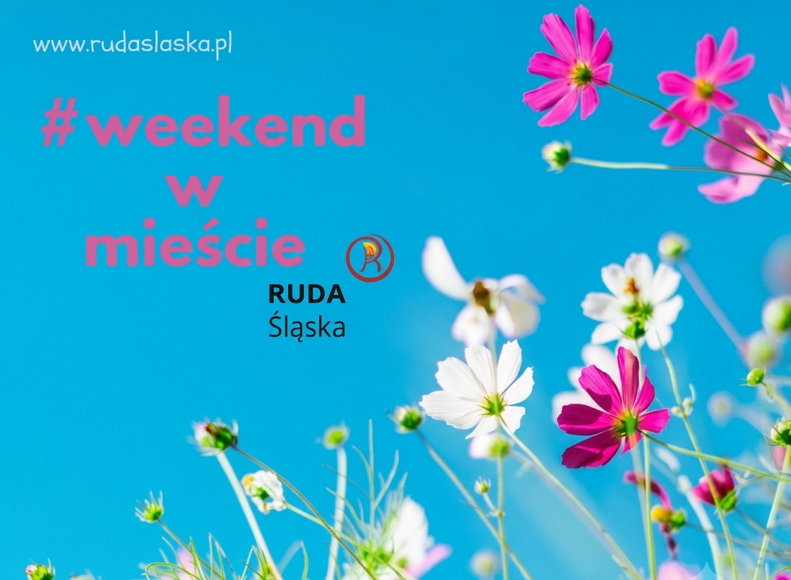 Obraz prezentuje polne kwiaty na tle błękitnego nieba, napis "#weekend w mieście" wraz z logiem Rudy Śląskiej