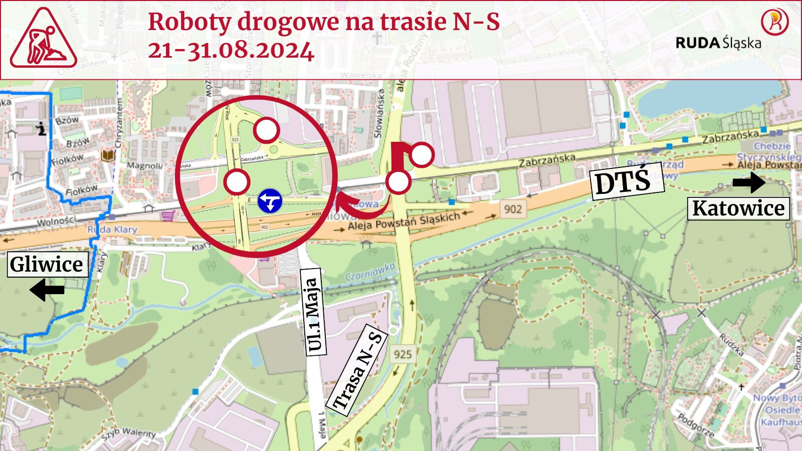 Mapa z zaznaczonymi zmianami w ruchu w rejonie węzła trasy N-S z Drogową Trasą Średnicową od 21 do 31 sierpnia 2024.
