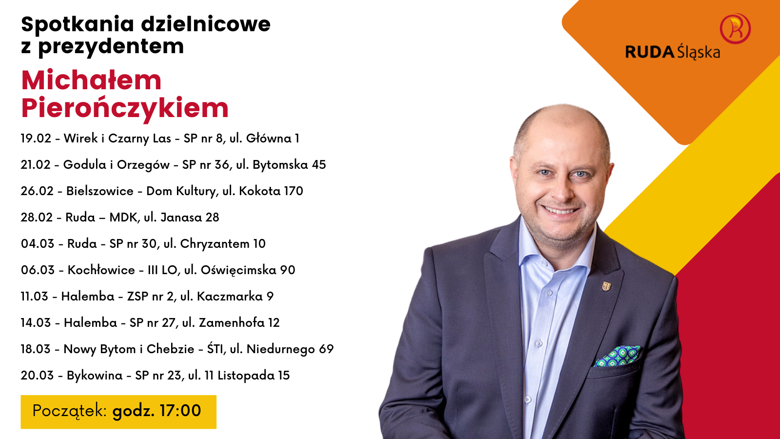 Harmonogram spotkań z prezydentem Michałem Pierończykiem, zdjęcie prezydenta, logo Rudy Śląskiej.