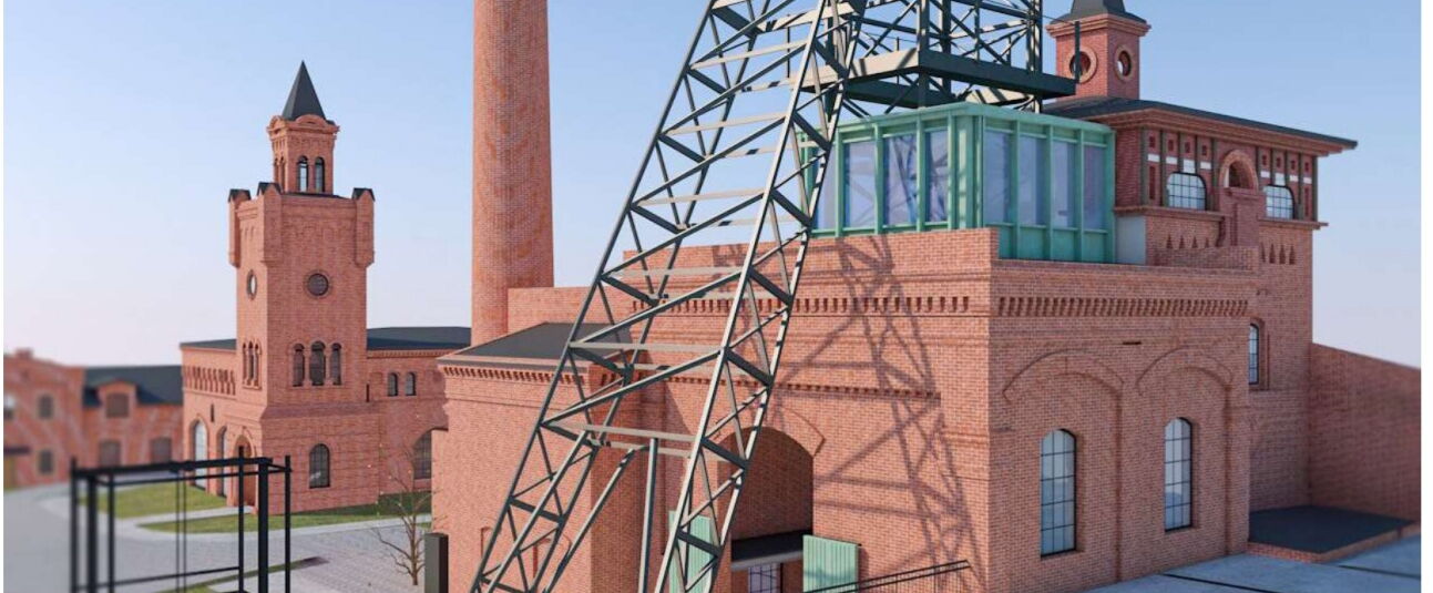 Wizualizacja przebudowy szybu Franciszek. W tle inne zabudowania, m.in. wieża.