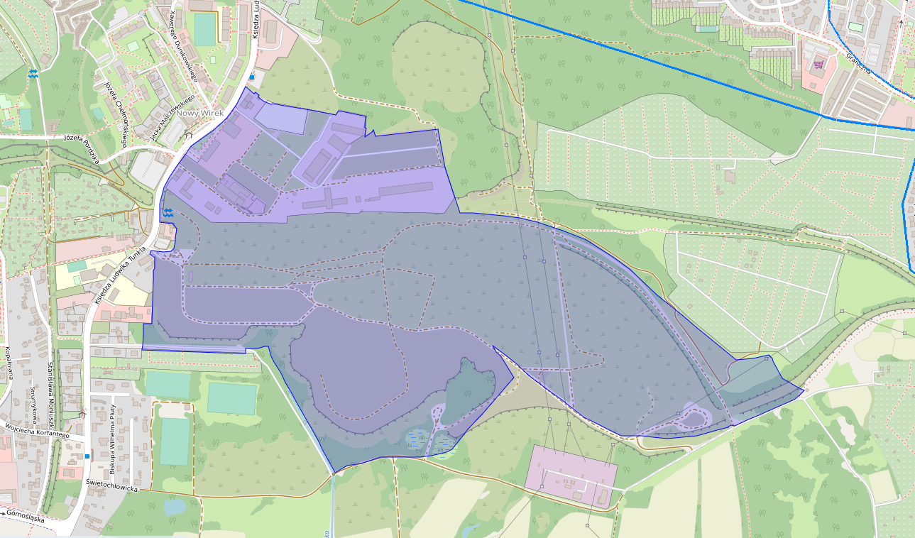 Mapa z zaznaczonym obszarem objętym projektem miejscowego planu zagospodarowania przestrzennego.