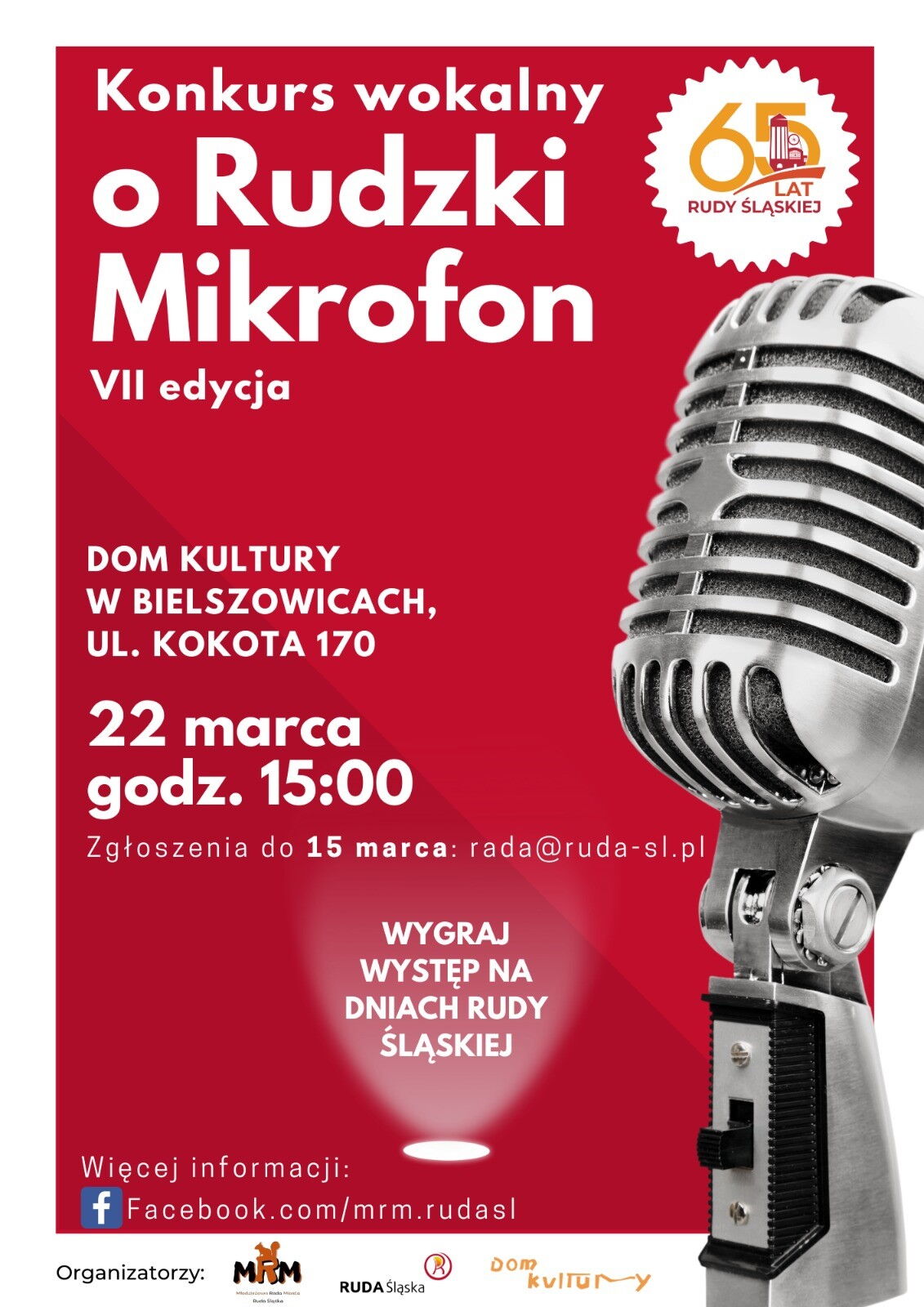 grafika na czerwonym tle mikrofon i informacje o konkursie, w prawym górnym rogu  logo 65 lat miasta Ruda Śląska