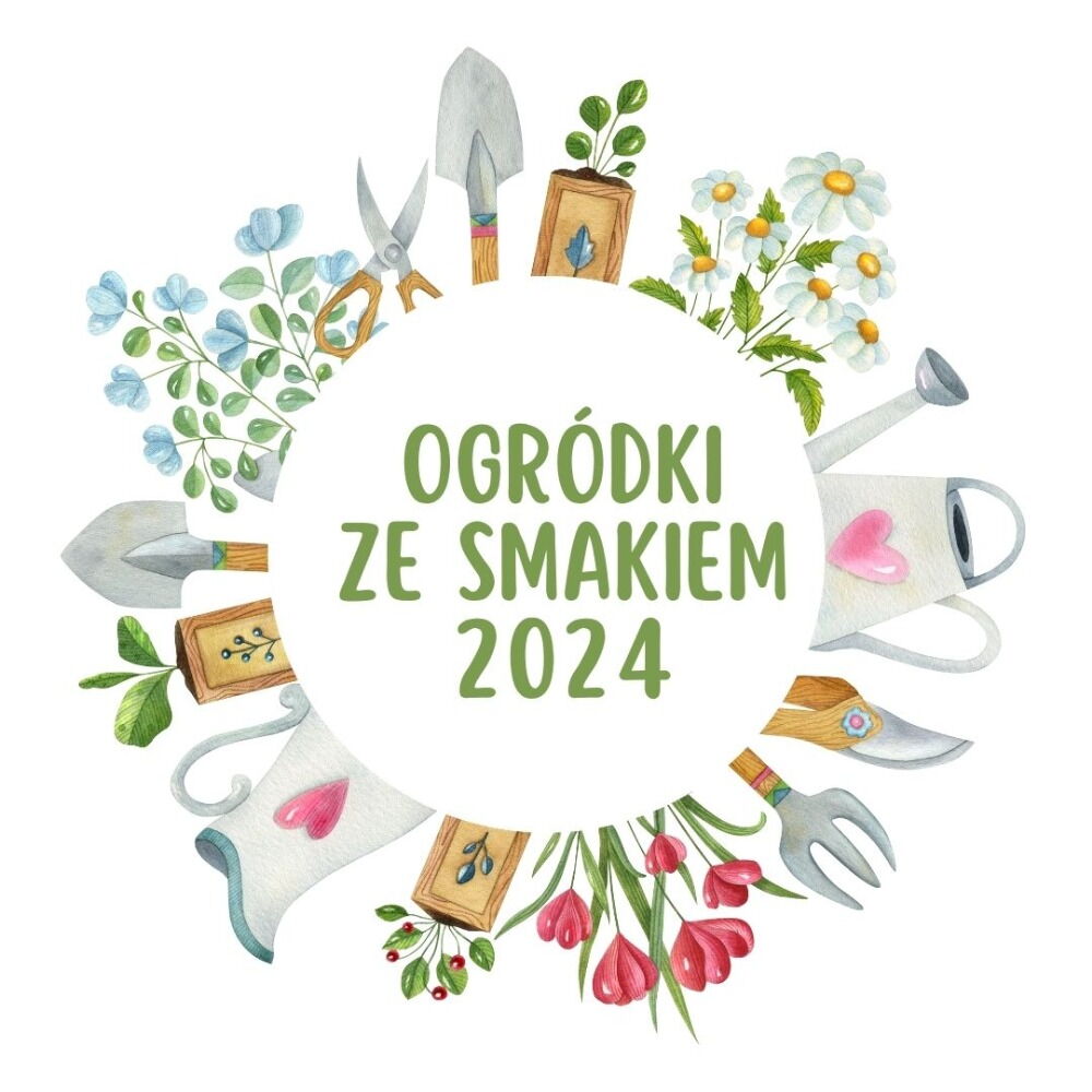 Napis ogródki ze smakiem 2024. Wokół kolorowe rysunki - kwiaty, narzędzia, nożyczki.