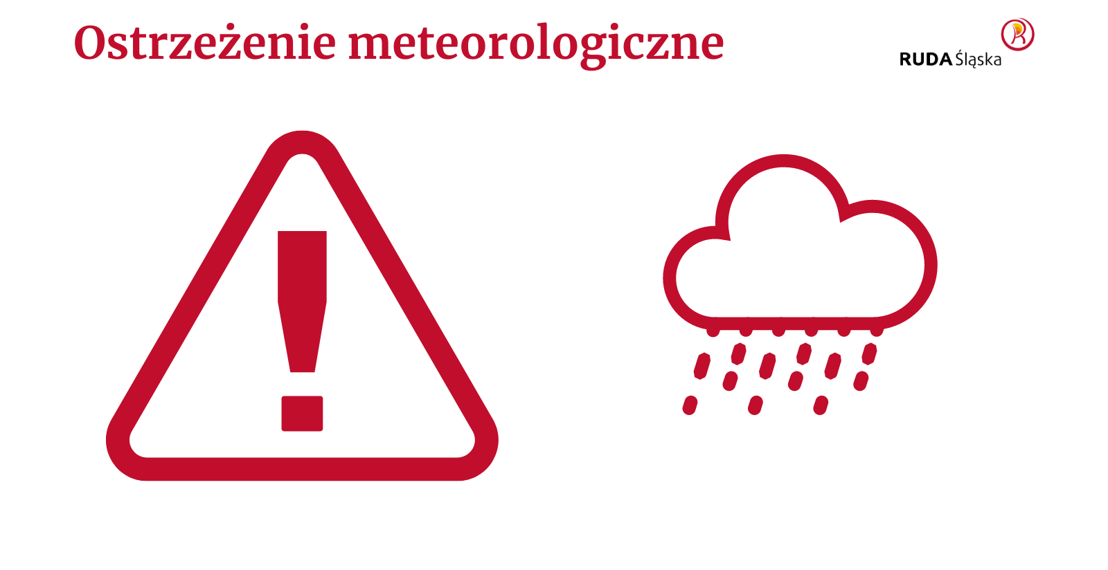 Tekst "ostrzeżenie meteorologiczne", logo Rudy Śląskiej, trójkątny znak z wykrzyknikiem, chmura z padającym deszczem.