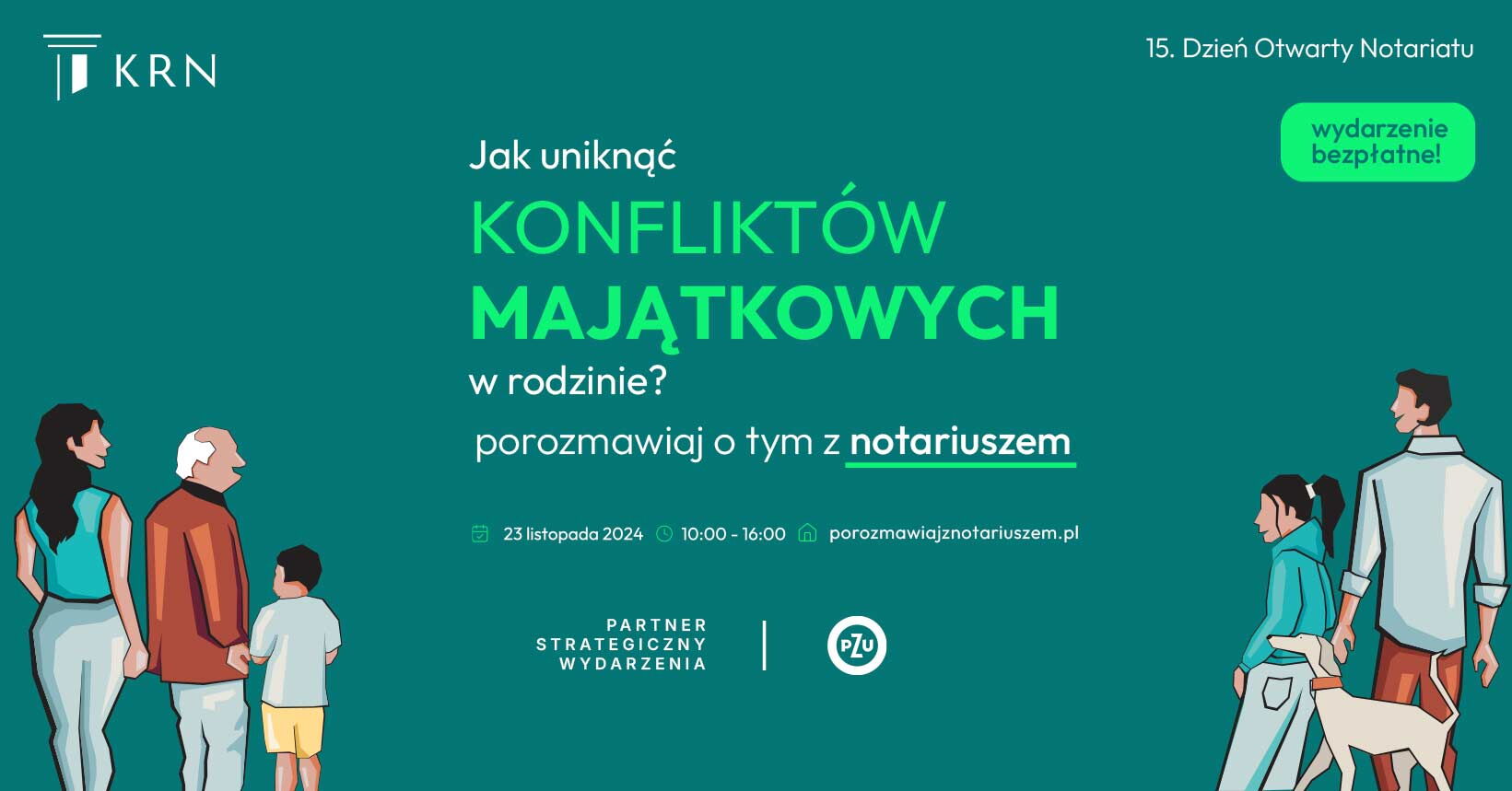 Plakat zapowiadający dzień otwarty notariatu - na zielonym tle grupa osób w różnym wieku z psem.