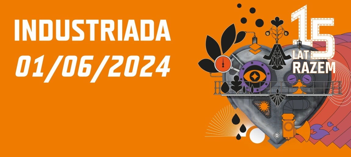 Tekst "Industriada 01/06/2024", serce z elementów mechanicznych, tekst "15 lat razem".