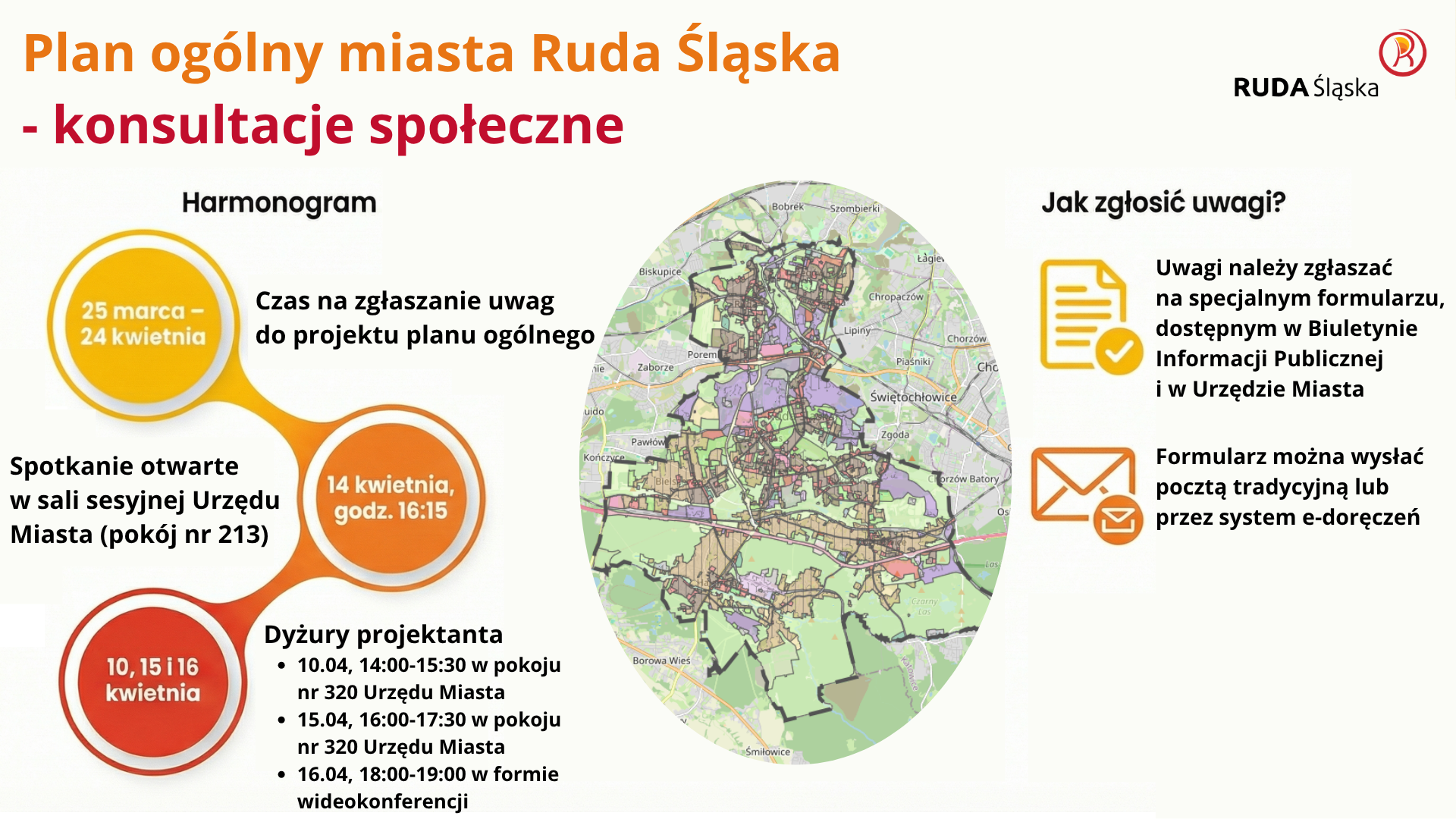 Infografika z informacjami o konsultacjach projektu planu ogólnego miasta, logo Rudy Śląskiej, mapa miasta.