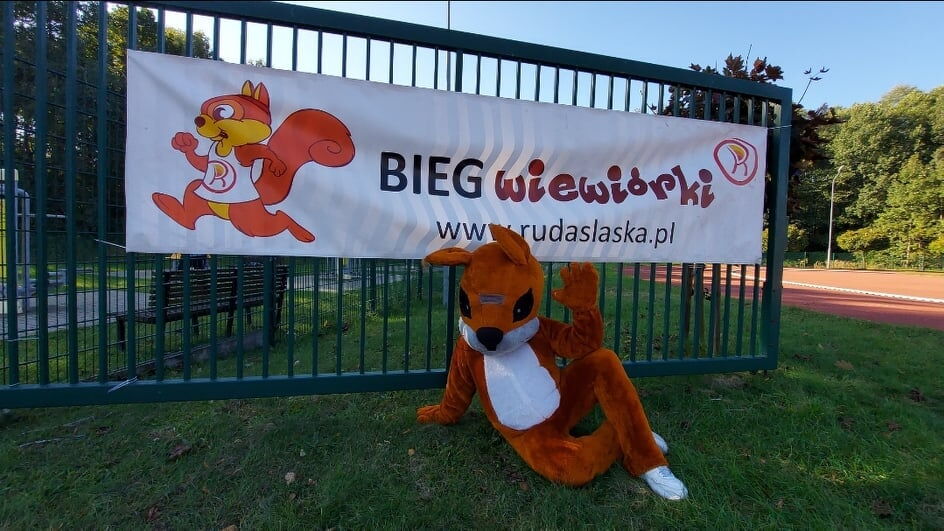 Wiewiórka siedzy pod baneren z nazwa biegu.