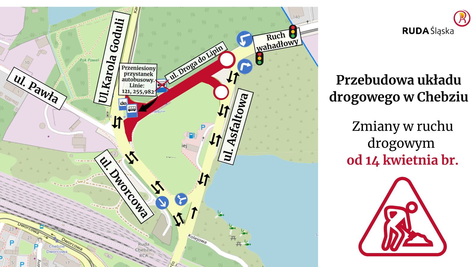 grafika zapowiadająca roboty drogowe w Chebziu
