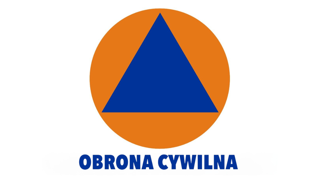 Niebieski trójkąt w pomarańczowym kole, teskt "obrona cywilna".