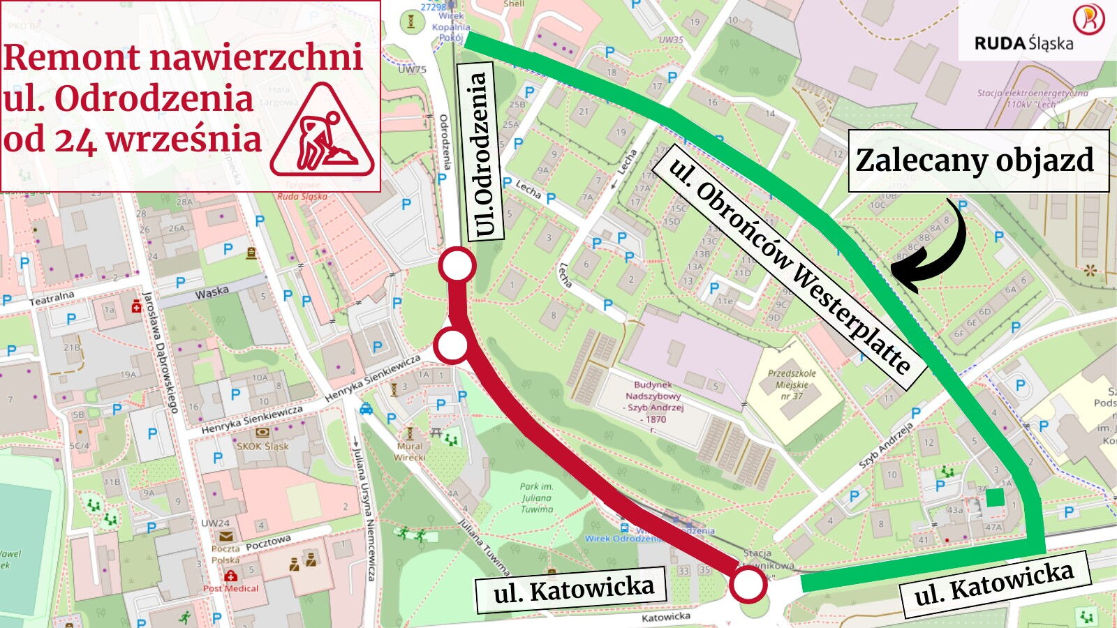 Mapa z zaznaczonymi zmianami w ruchu w czasie remontu ulicy Odrodzenia.