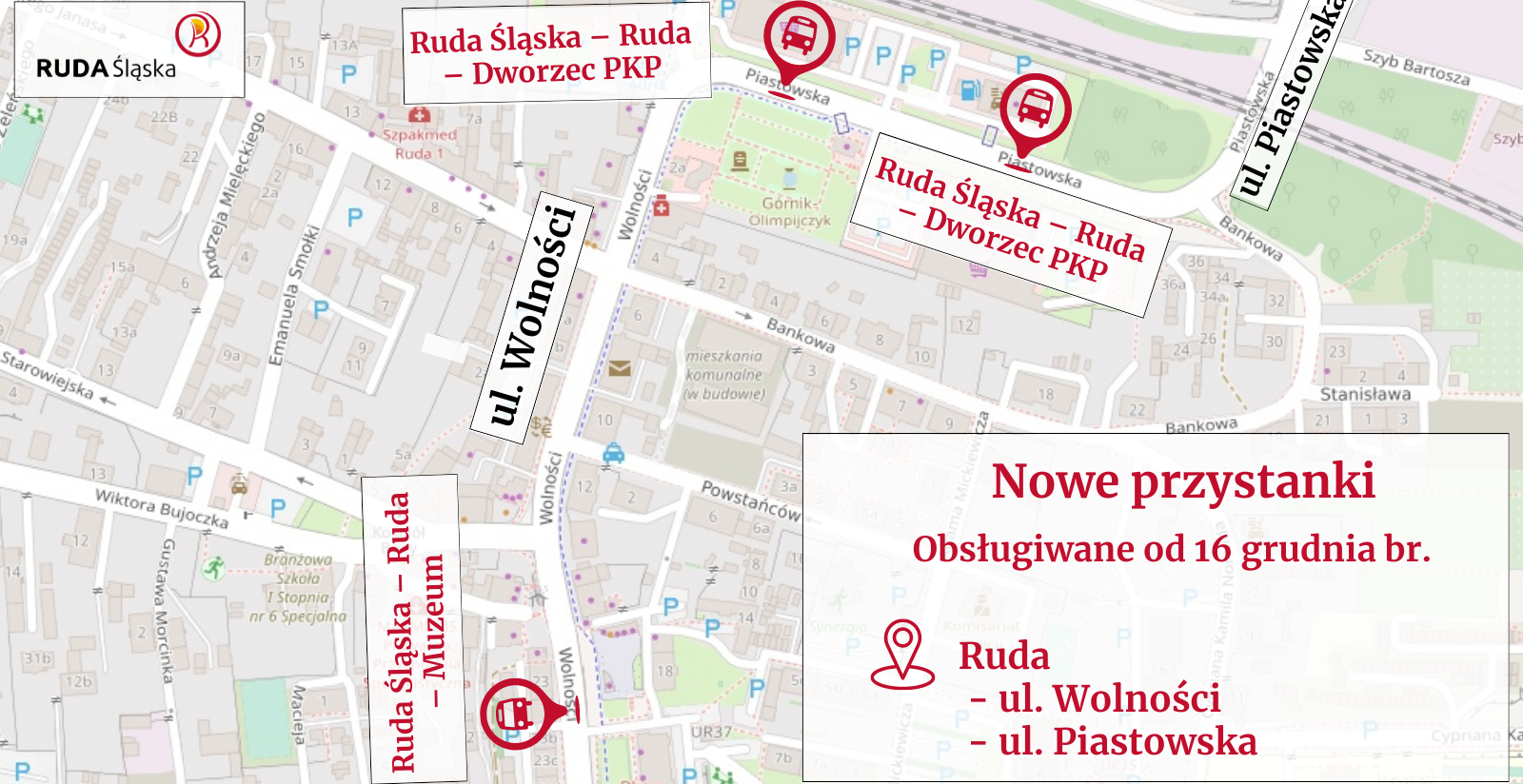 Grafika z mapką obrazującą lokalizację nowych przystanków komunikacji miejskiej w dzielnicy Ruda.