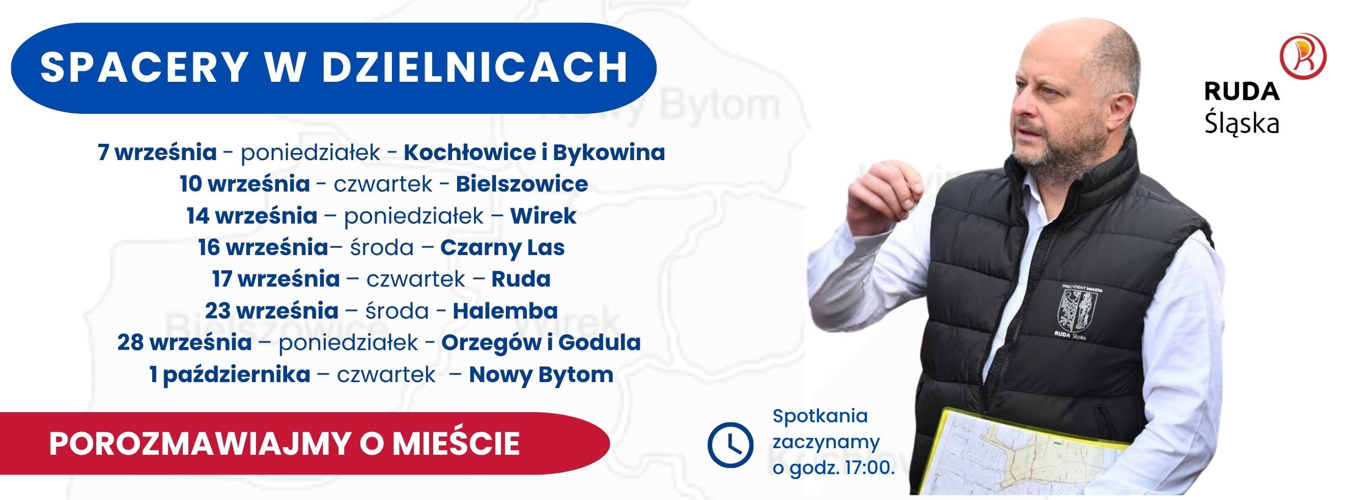 Harmonogram spacerów w dzielnicach, kontur mapy miasta, mężczyzna w kamizelce z herbem Rudy Śląskiej, logo Rudy Śląskiej.