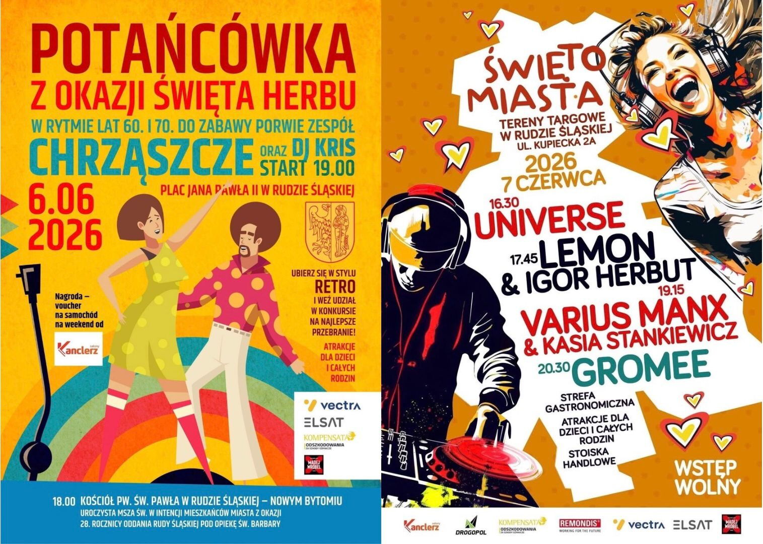 Dwa plakaty zapowiadające najbliższe wydarzenia - święto herbu i święto miasta.