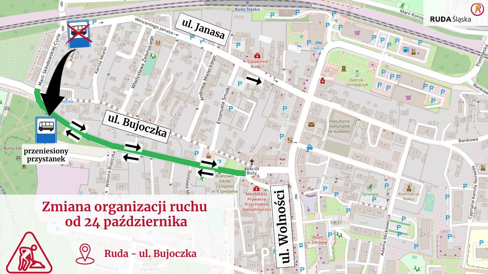 Mapa, na której zaznaczona jest ulica Bujoczka, gdzie będzie ruch dwukierunkowy.