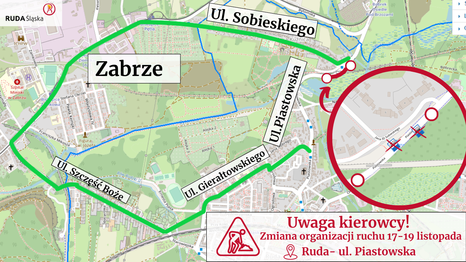 Grafika z mapką obrazująca objazd na ulicy Piastowskiej.